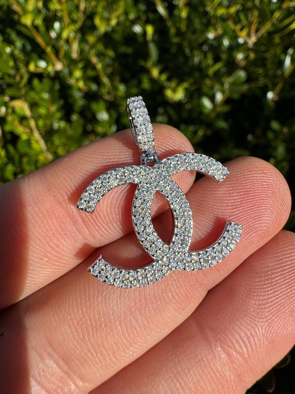 MOISSANITE Double C Fashionista Iced Out Pendant - 14k Yellow/Rose Gold Vermeil Or 925 Silver - Small 1"