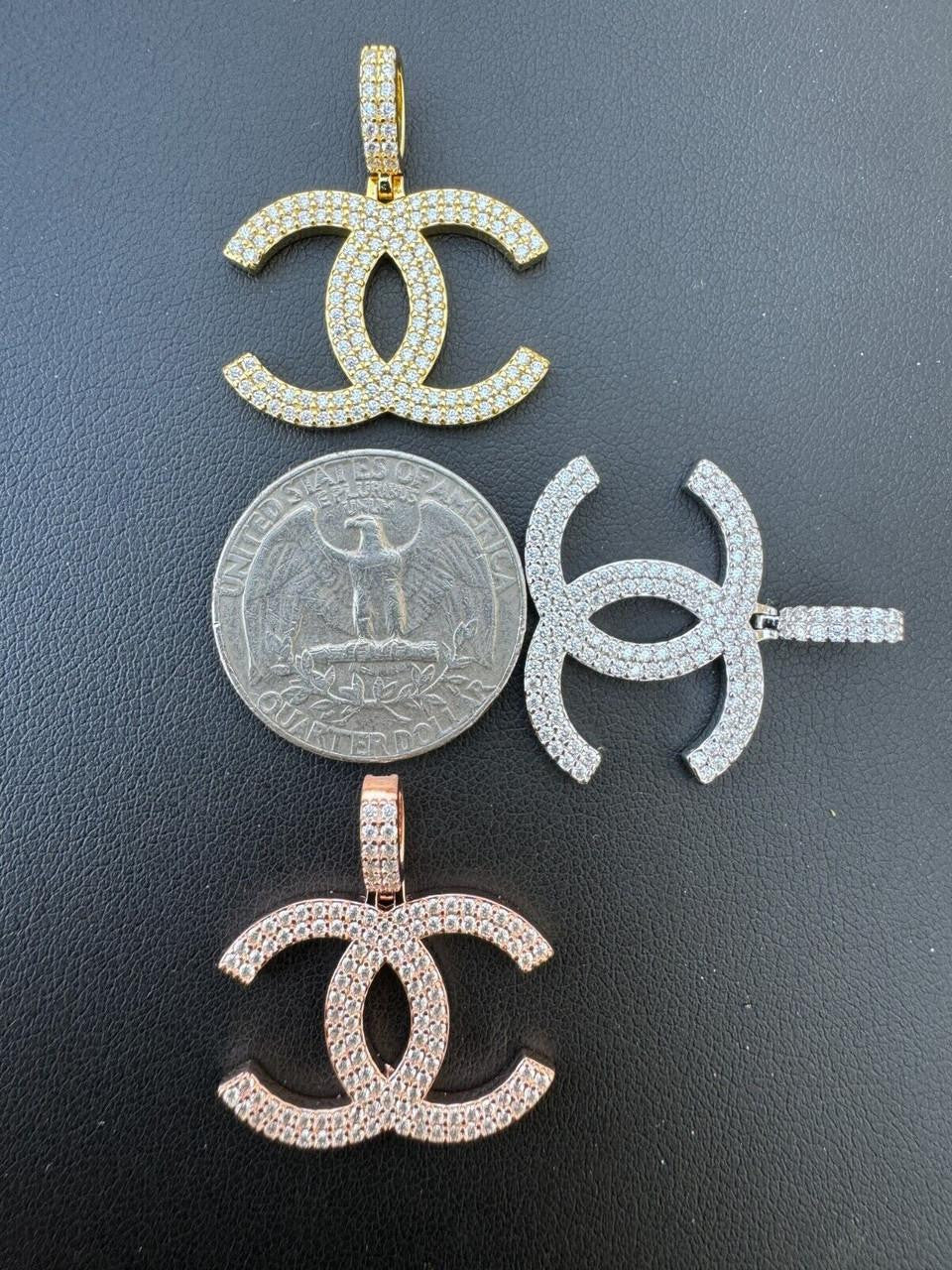 MOISSANITE Double C Fashionista Iced Out Pendant - 14k Yellow/Rose Gold Vermeil Or 925 Silver - Small 1"
