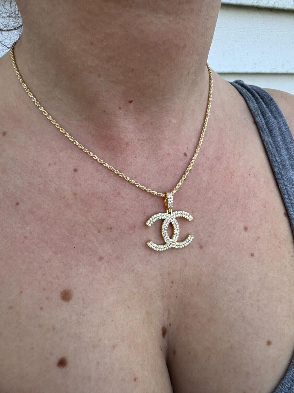 MOISSANITE Double C Fashionista Iced Out Pendant - 14k Yellow/Rose Gold Vermeil Or 925 Silver - Small 1"