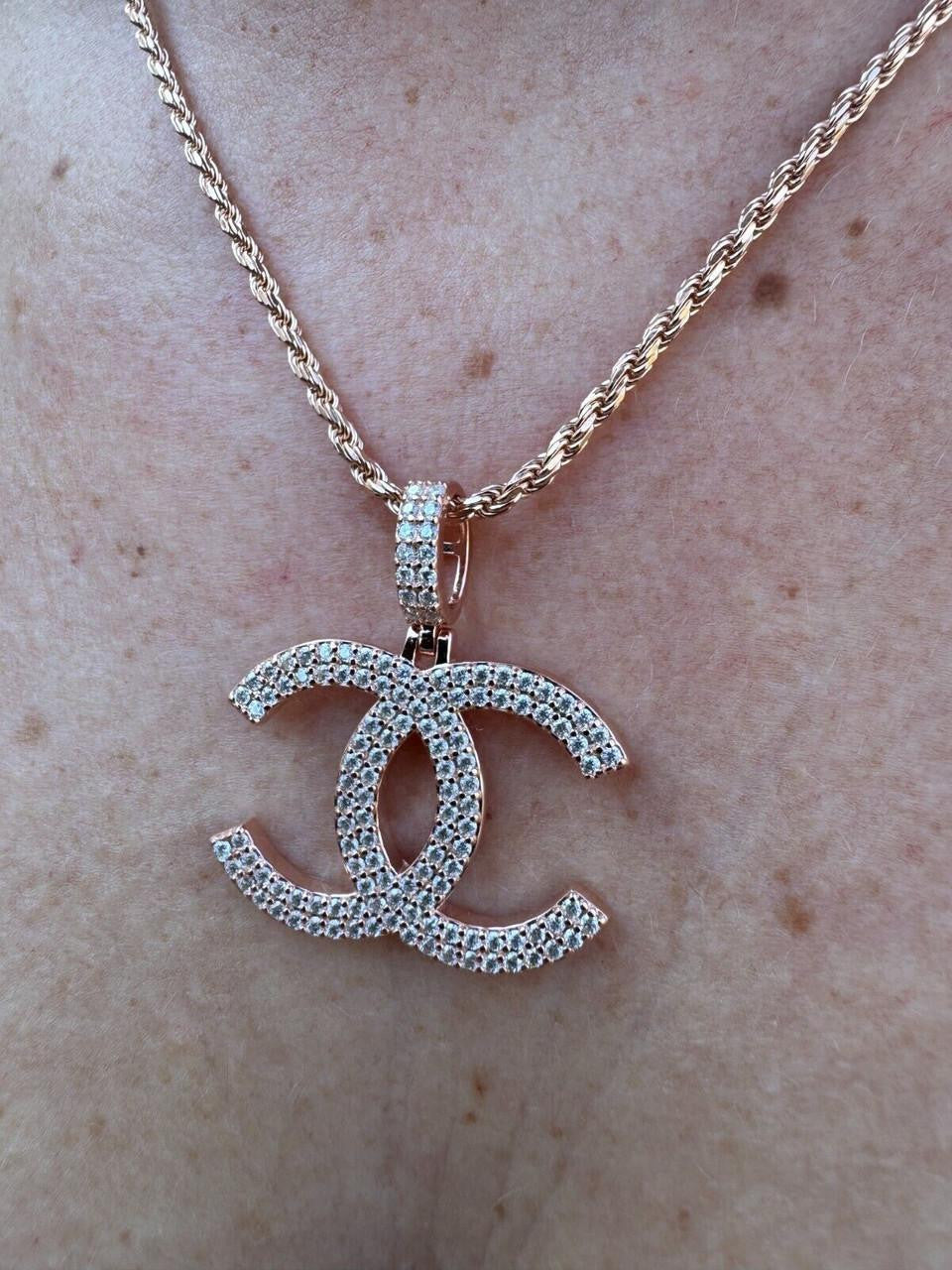 MOISSANITE Double C Fashionista Iced Out Pendant - 14k Yellow/Rose Gold Vermeil Or 925 Silver - Small 1"
