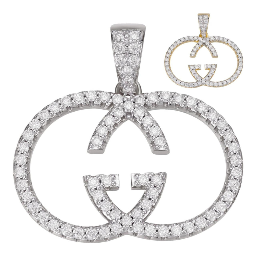 MOISSANITE Double G Iced Out Pendant - 14k Gold Vermeil Or 925 Silver - Small 1.5"
