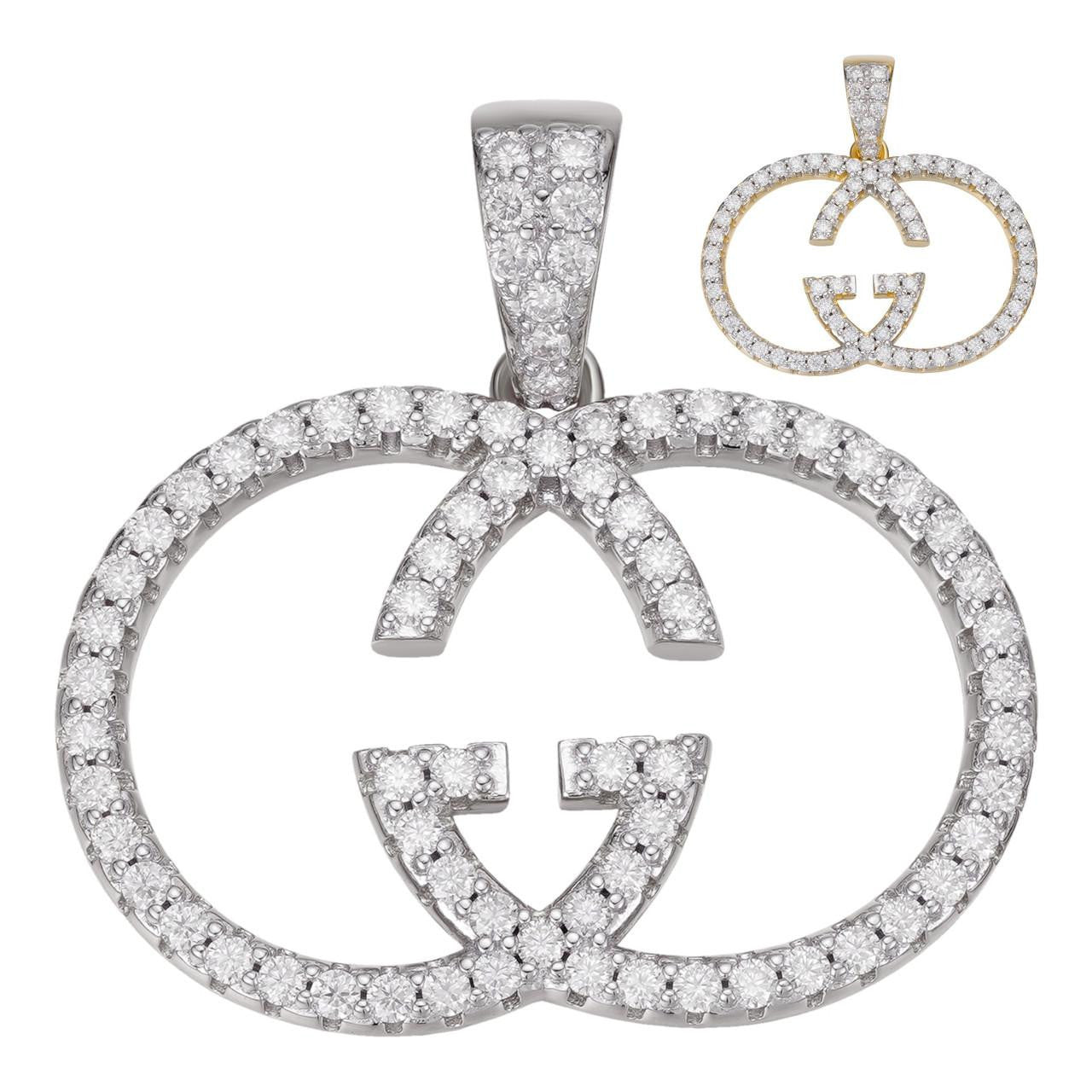 MOISSANITE Double G Iced Out Pendant - 14k Gold Vermeil Or 925 Silver - Small 1.5"