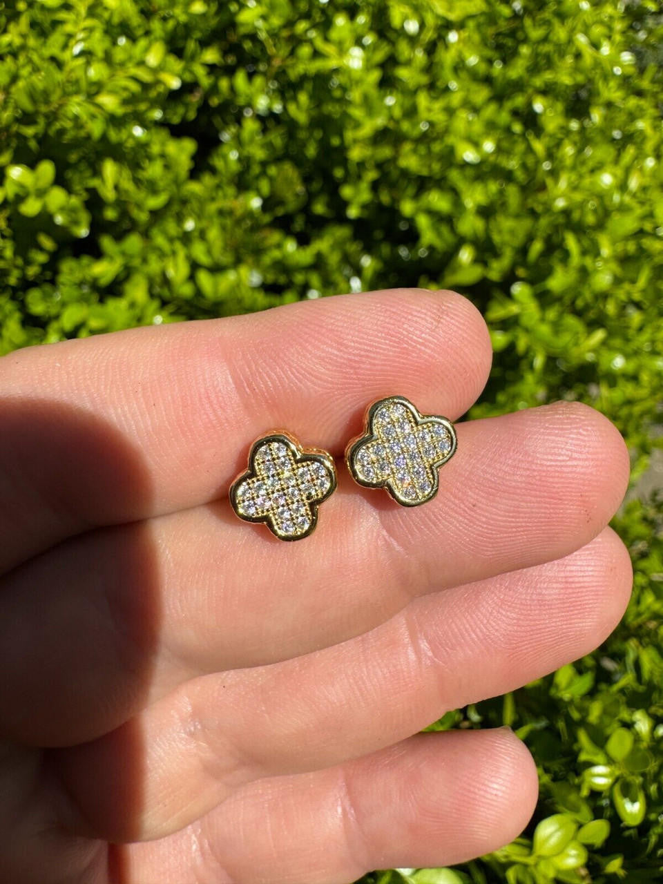 MOISSANITE Clover Fashionista Iced Out Earrings - 14k Gold Vermeil 925 Silver - 10mm