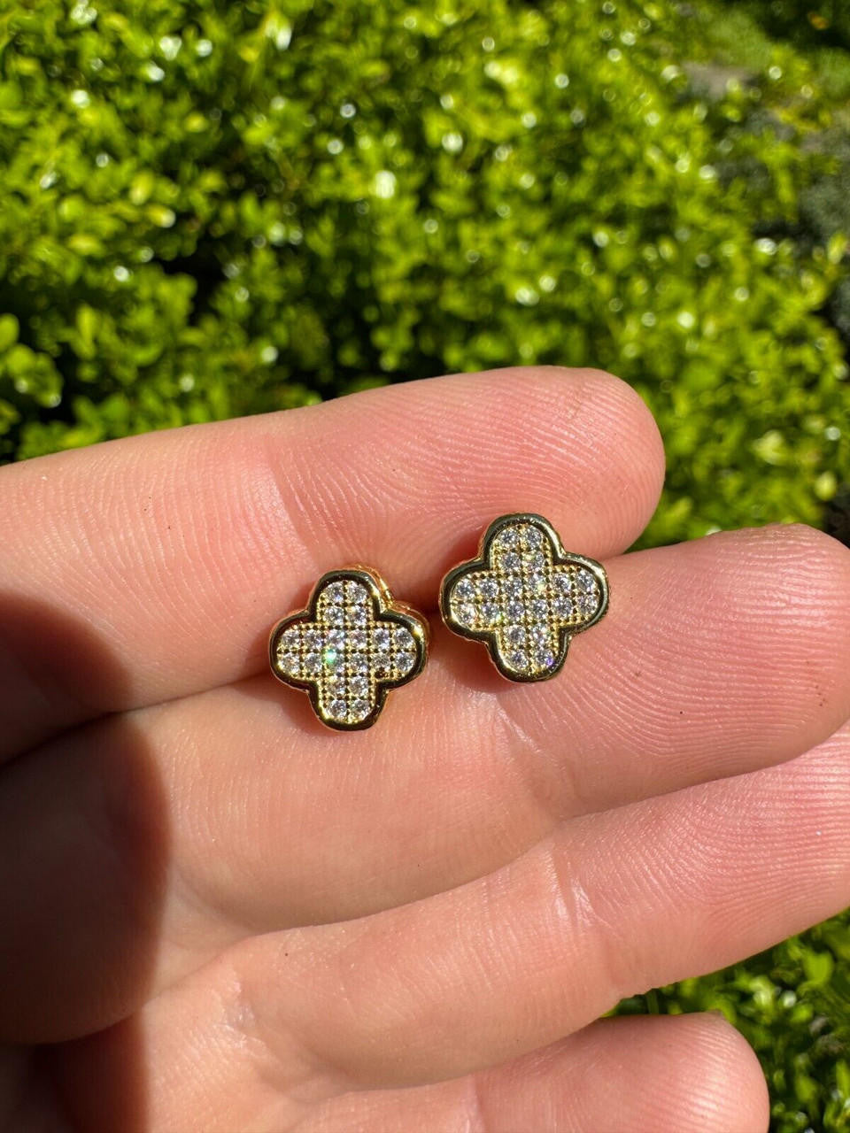 MOISSANITE Clover Fashionista Iced Out Earrings - 14k Gold Vermeil 925 Silver - 10mm