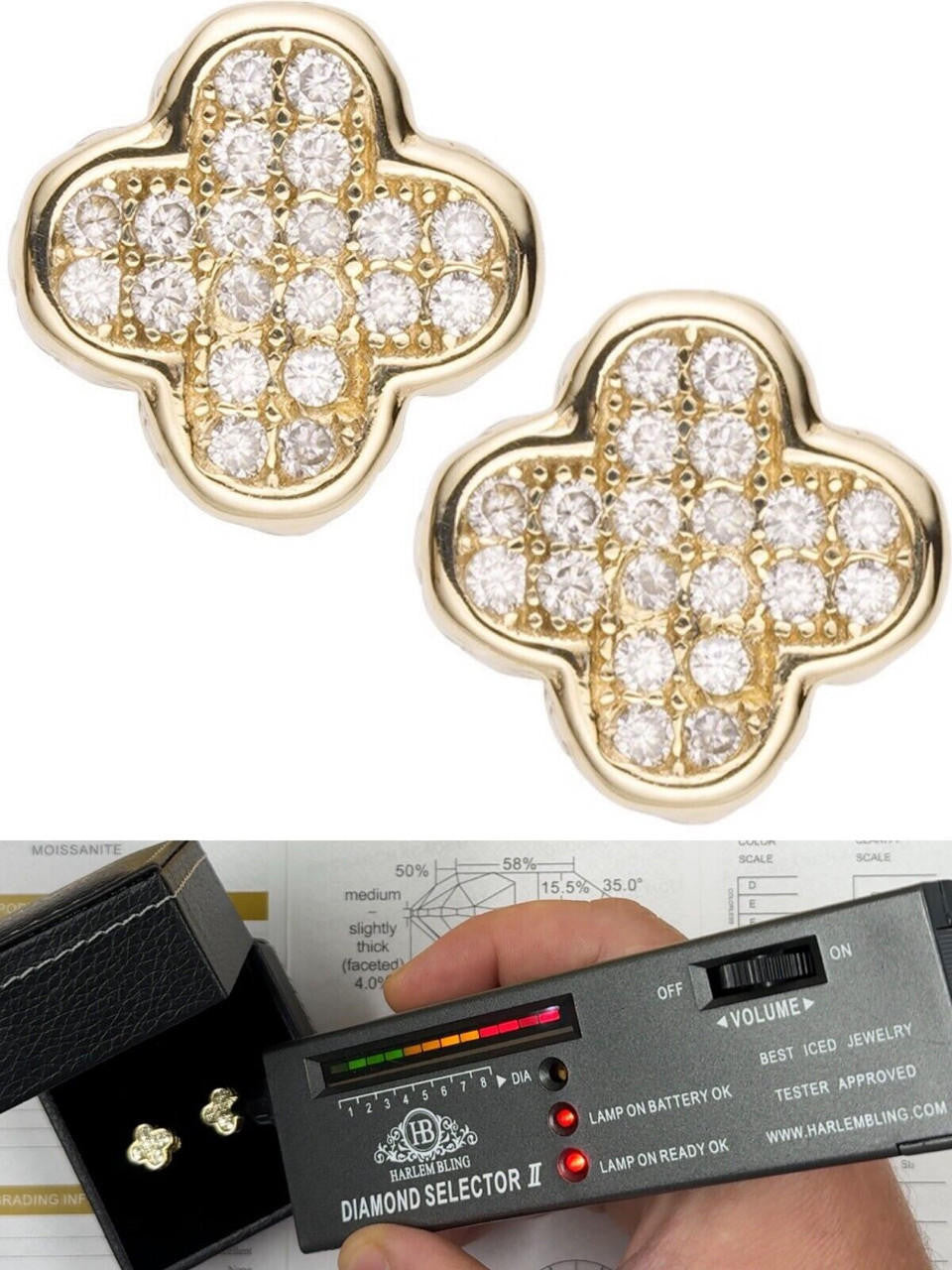 MOISSANITE Clover Fashionista Iced Out Earrings - 14k Gold Vermeil 925 Silver - 10mm
