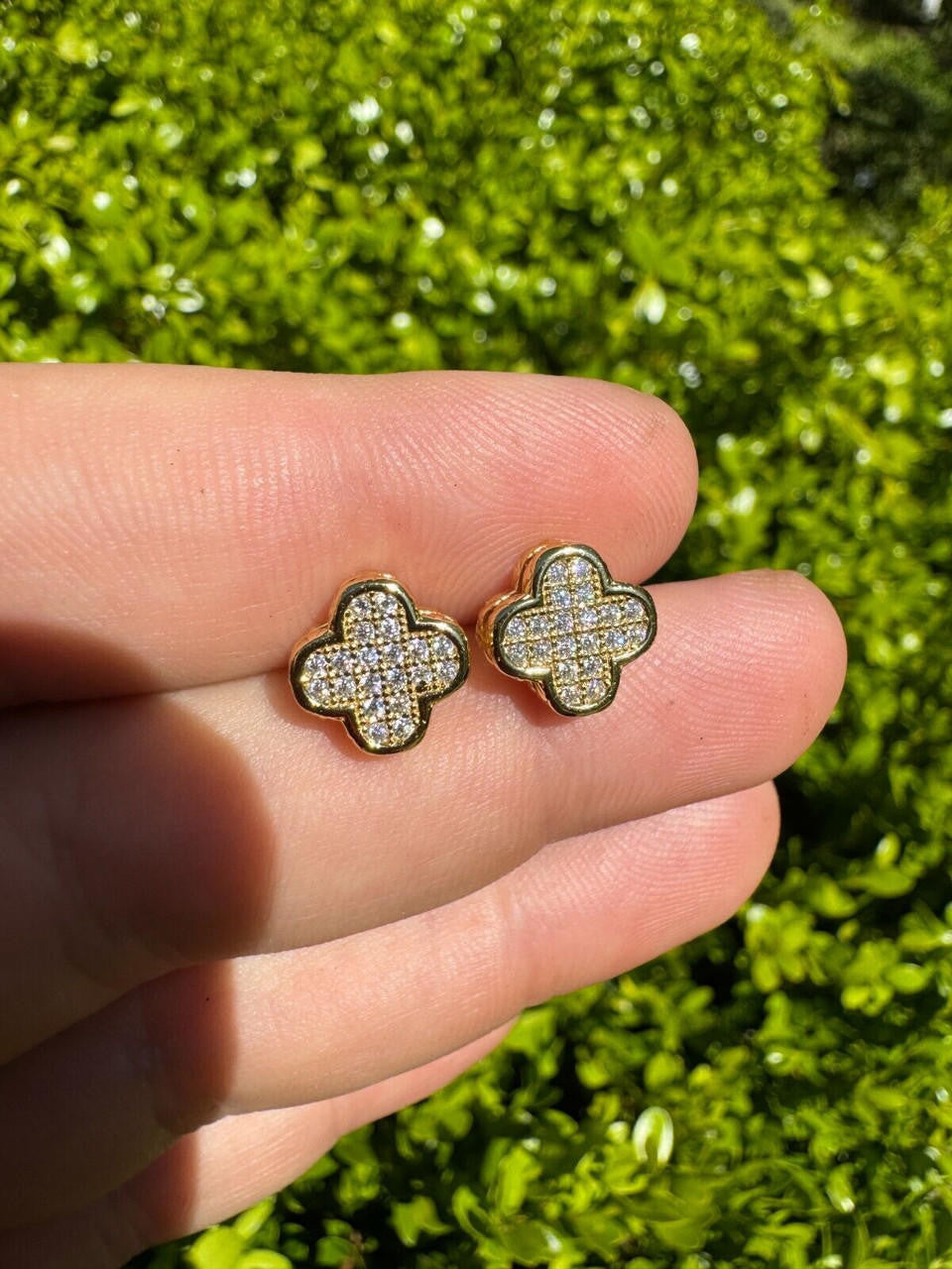 MOISSANITE Clover Fashionista Iced Out Earrings - 14k Gold Vermeil 925 Silver - 10mm