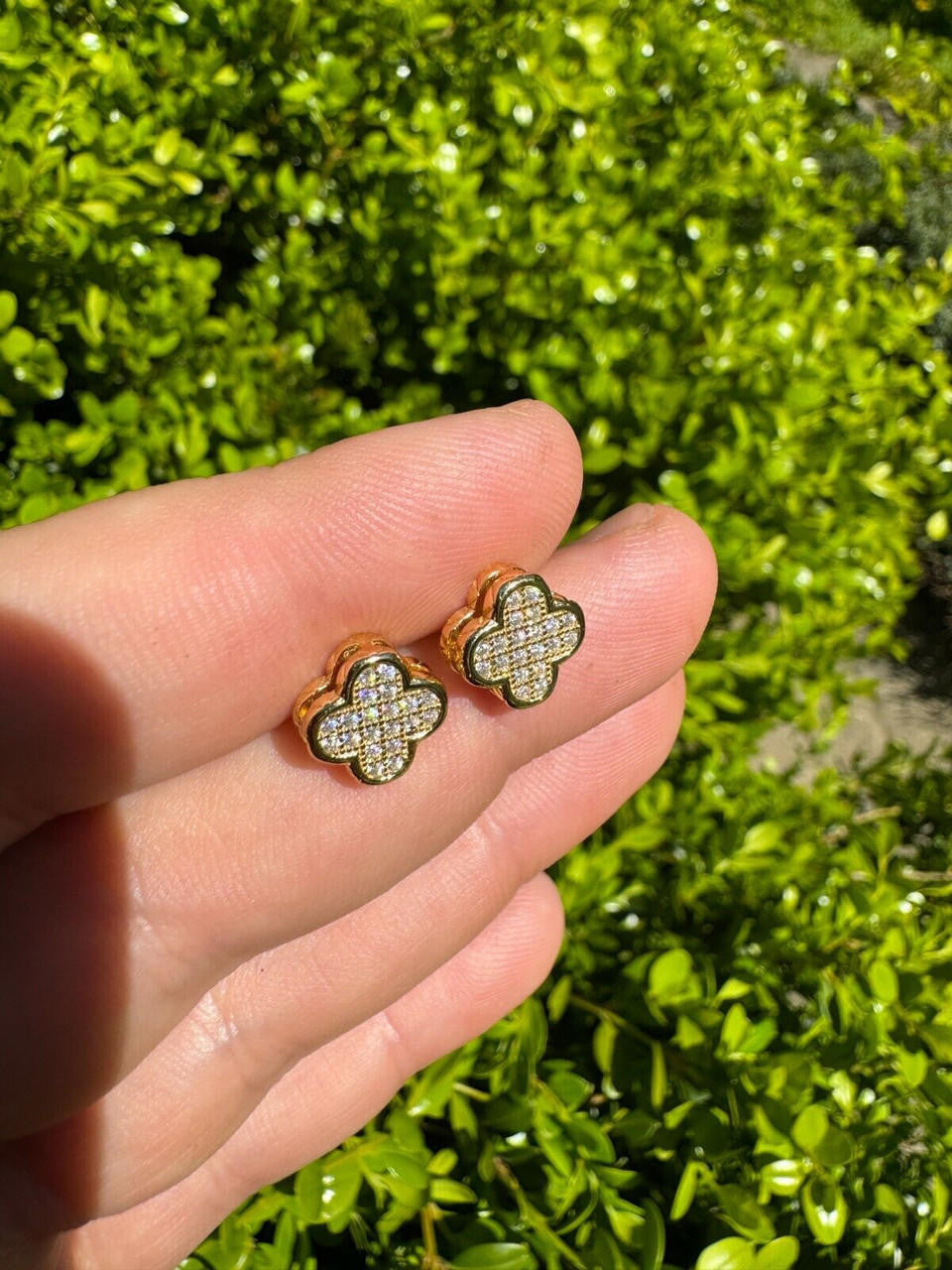 MOISSANITE Clover Fashionista Iced Out Earrings - 14k Gold Vermeil 925 Silver - 10mm