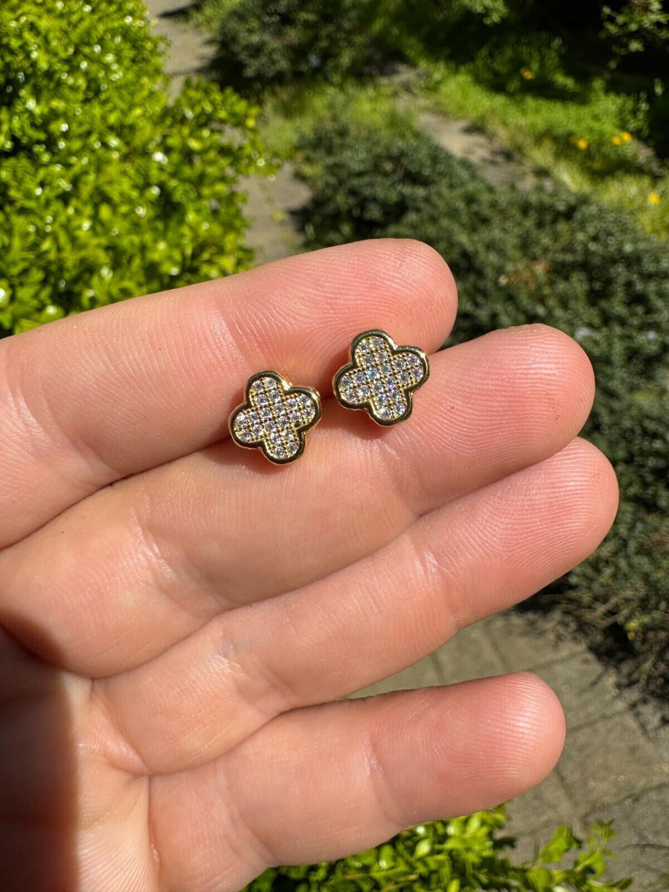 MOISSANITE Clover Fashionista Iced Out Earrings - 14k Gold Vermeil 925 Silver - 10mm
