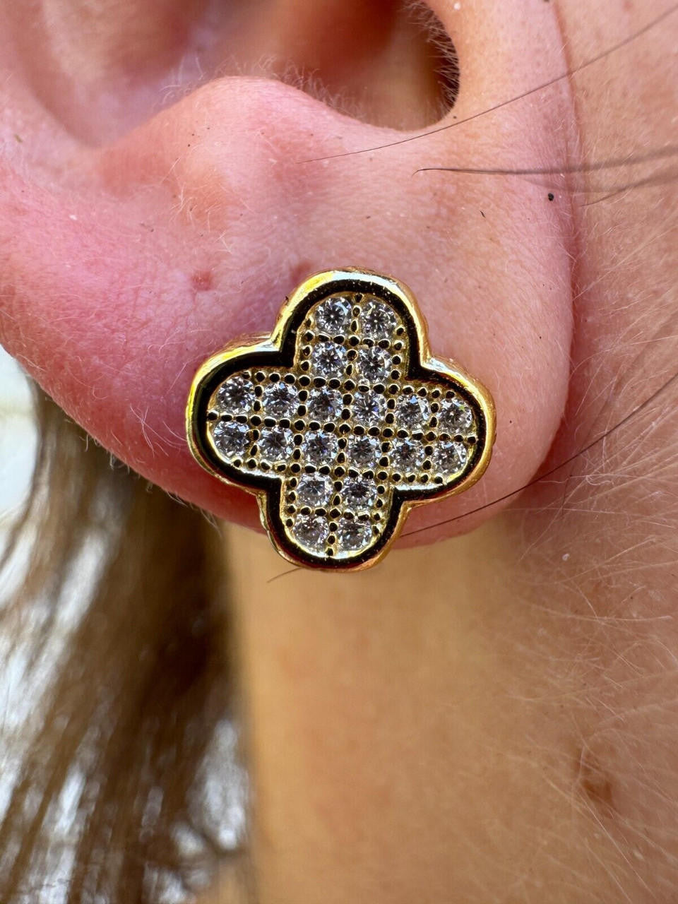 MOISSANITE Clover Fashionista Iced Out Earrings - 14k Gold Vermeil 925 Silver - 10mm
