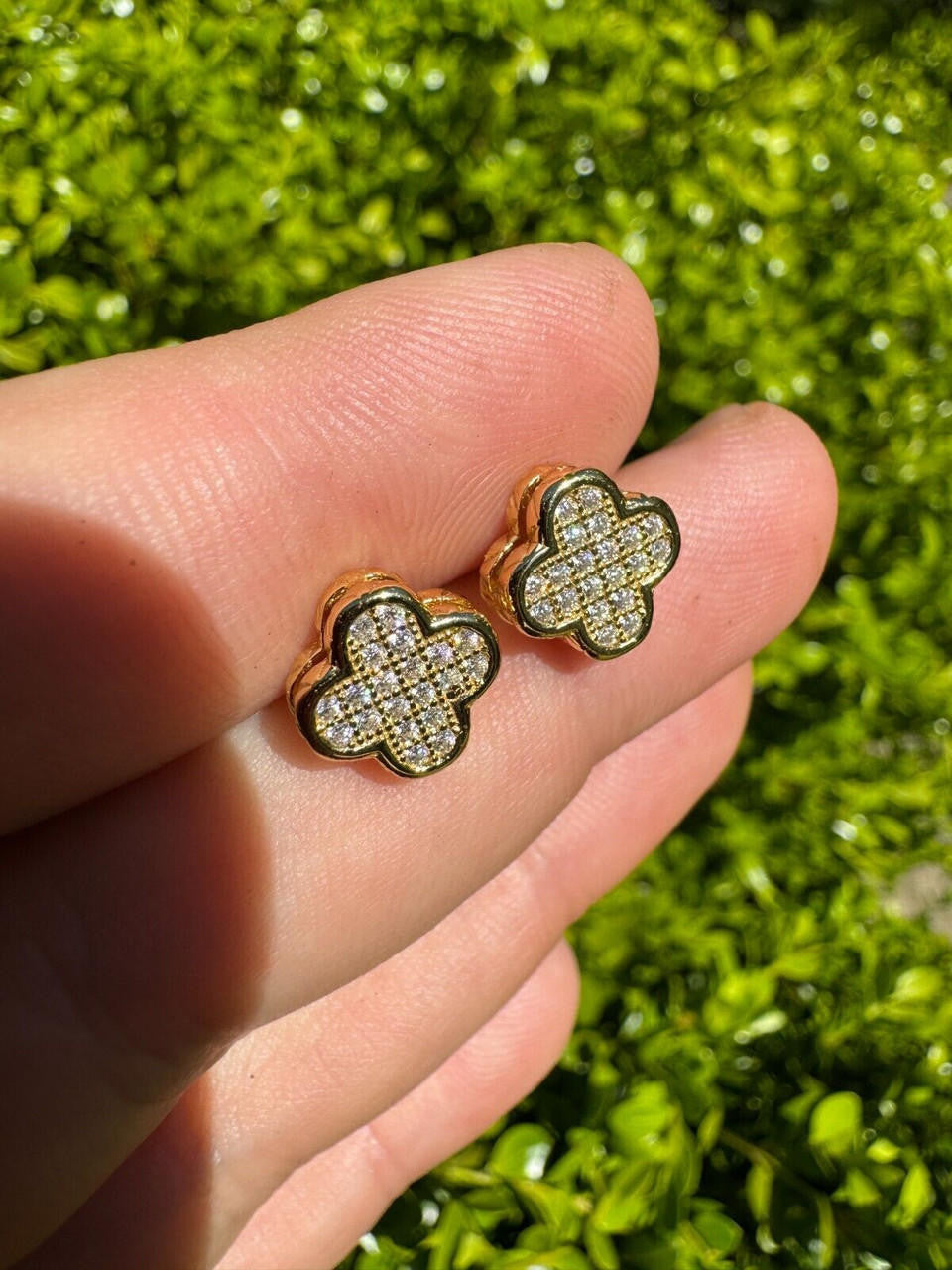 MOISSANITE Clover Fashionista Iced Out Earrings - 14k Gold Vermeil 925 Silver - 10mm