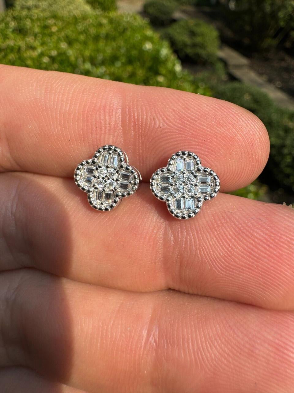MOISSANITE Earrings Clover 10mm Real 925 Silver Iced Baguette Mens Ladies Studs