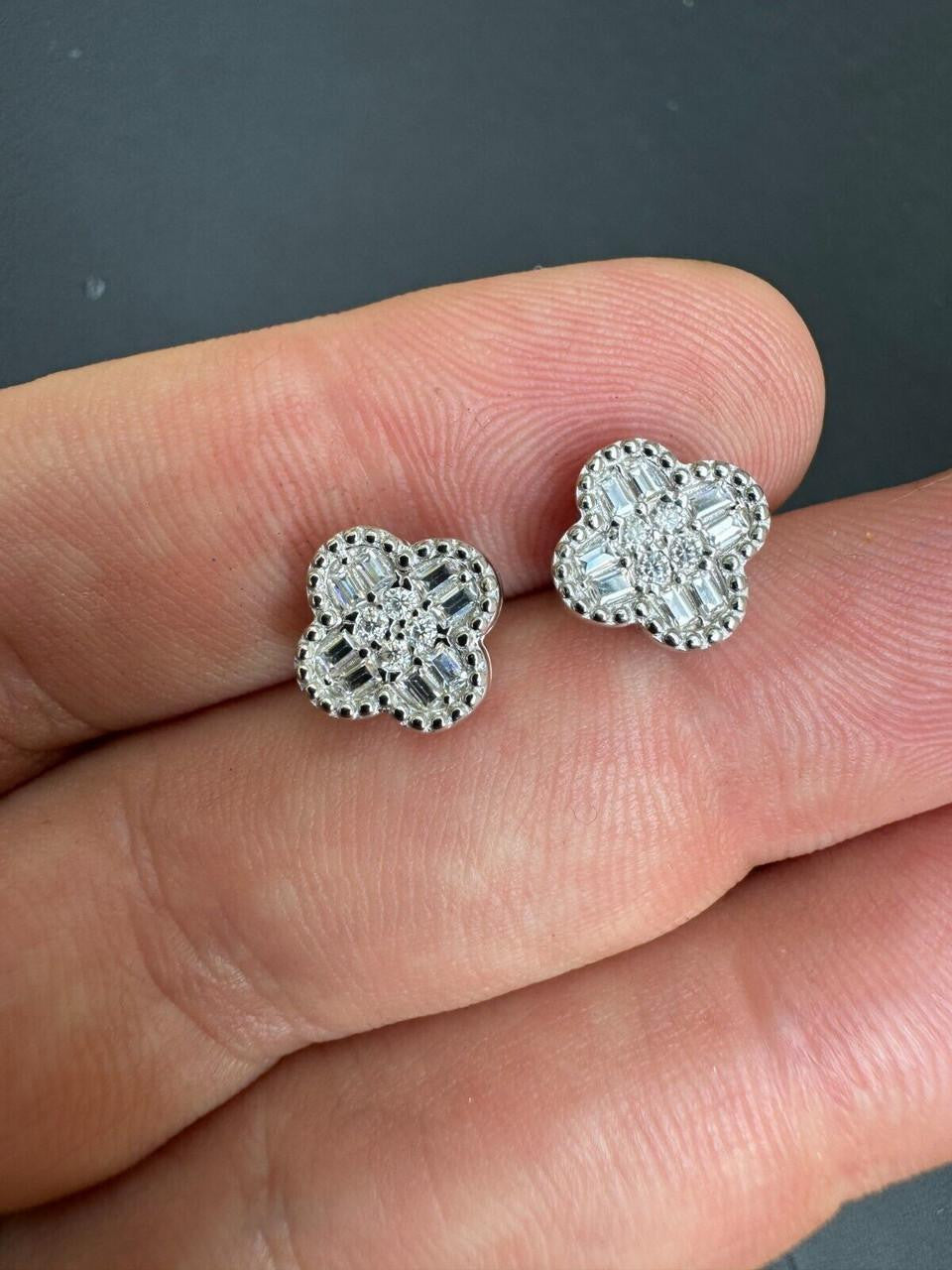 MOISSANITE Earrings Clover 10mm Real 925 Silver Iced Baguette Mens Ladies Studs