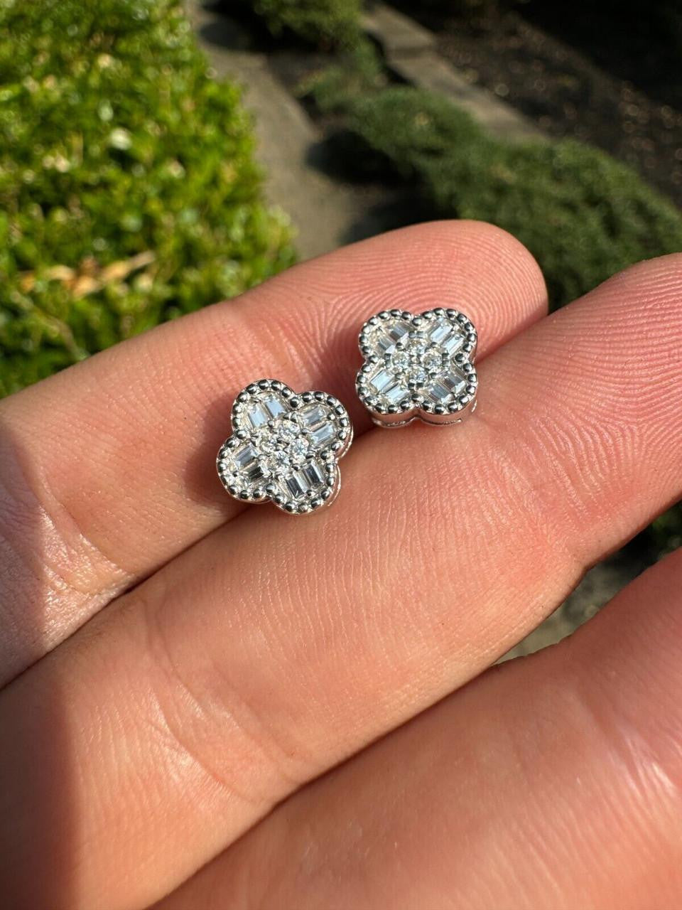 MOISSANITE Earrings Clover 10mm Real 925 Silver Iced Baguette Mens Ladies Studs
