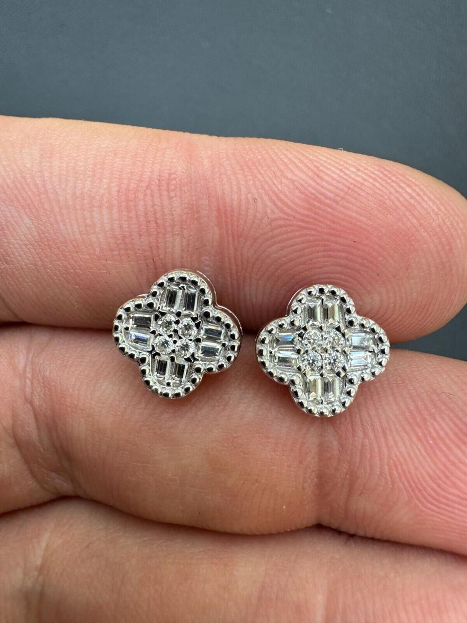 MOISSANITE Earrings Clover 10mm Real 925 Silver Iced Baguette Mens Ladies Studs