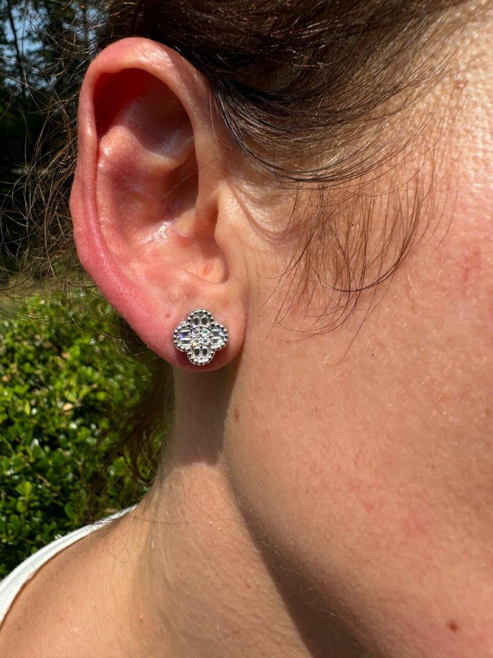 MOISSANITE Earrings Clover 10mm Real 925 Silver Iced Baguette Mens Ladies Studs
