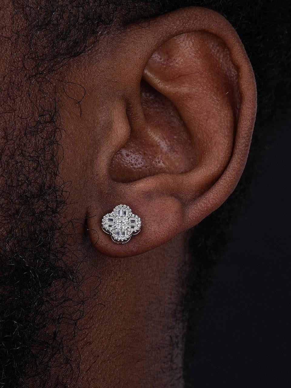 MOISSANITE Earrings Clover 10mm Real 925 Silver Iced Baguette Mens Ladies Studs