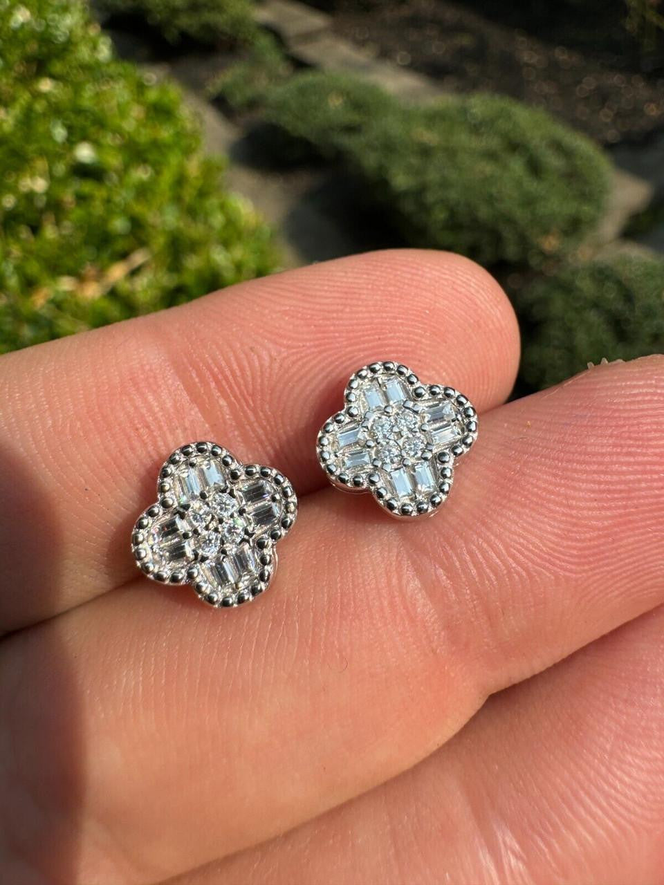 MOISSANITE Earrings Clover 10mm Real 925 Silver Iced Baguette Mens Ladies Studs