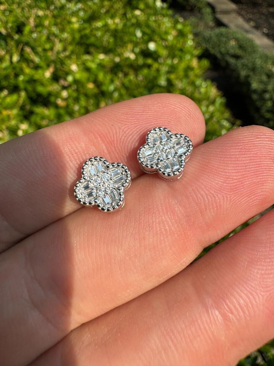 MOISSANITE Earrings Clover 10mm Real 925 Silver Iced Baguette Mens Ladies Studs