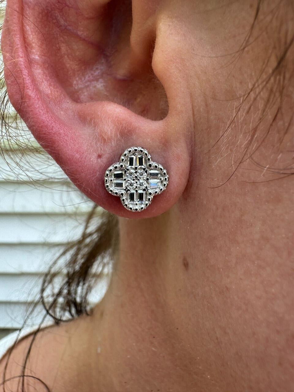 MOISSANITE Earrings Clover 10mm Real 925 Silver Iced Baguette Mens Ladies Studs