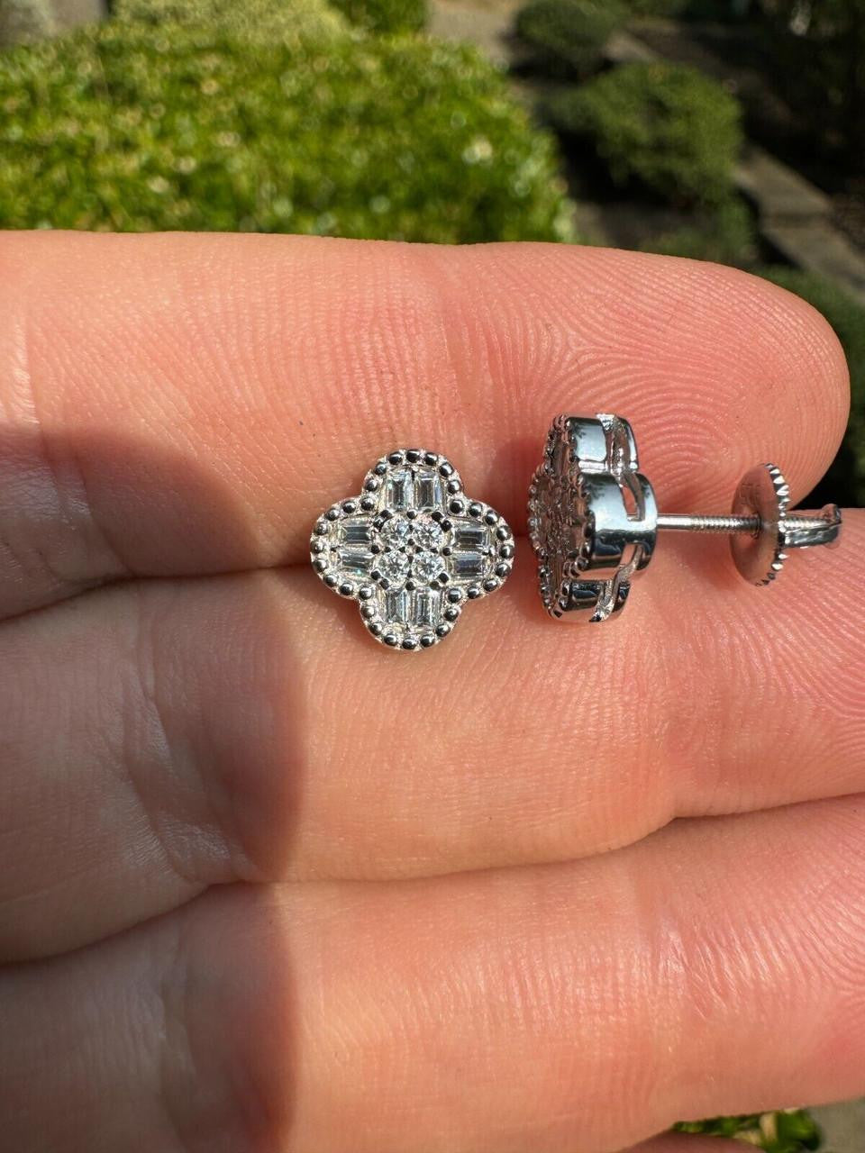 MOISSANITE Earrings Clover 10mm Real 925 Silver Iced Baguette Mens Ladies Studs