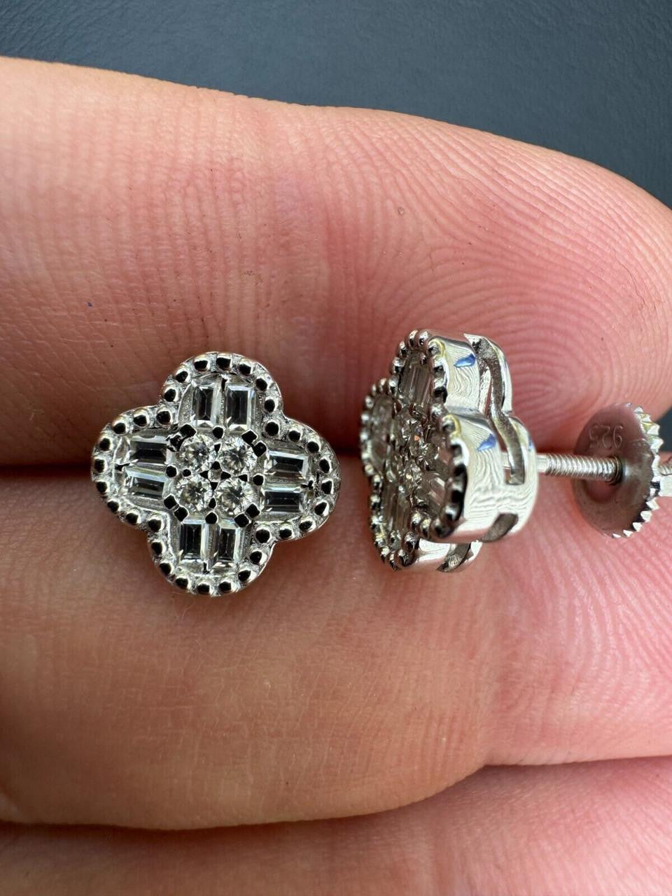 MOISSANITE Earrings Clover 10mm Real 925 Silver Iced Baguette Mens Ladies Studs