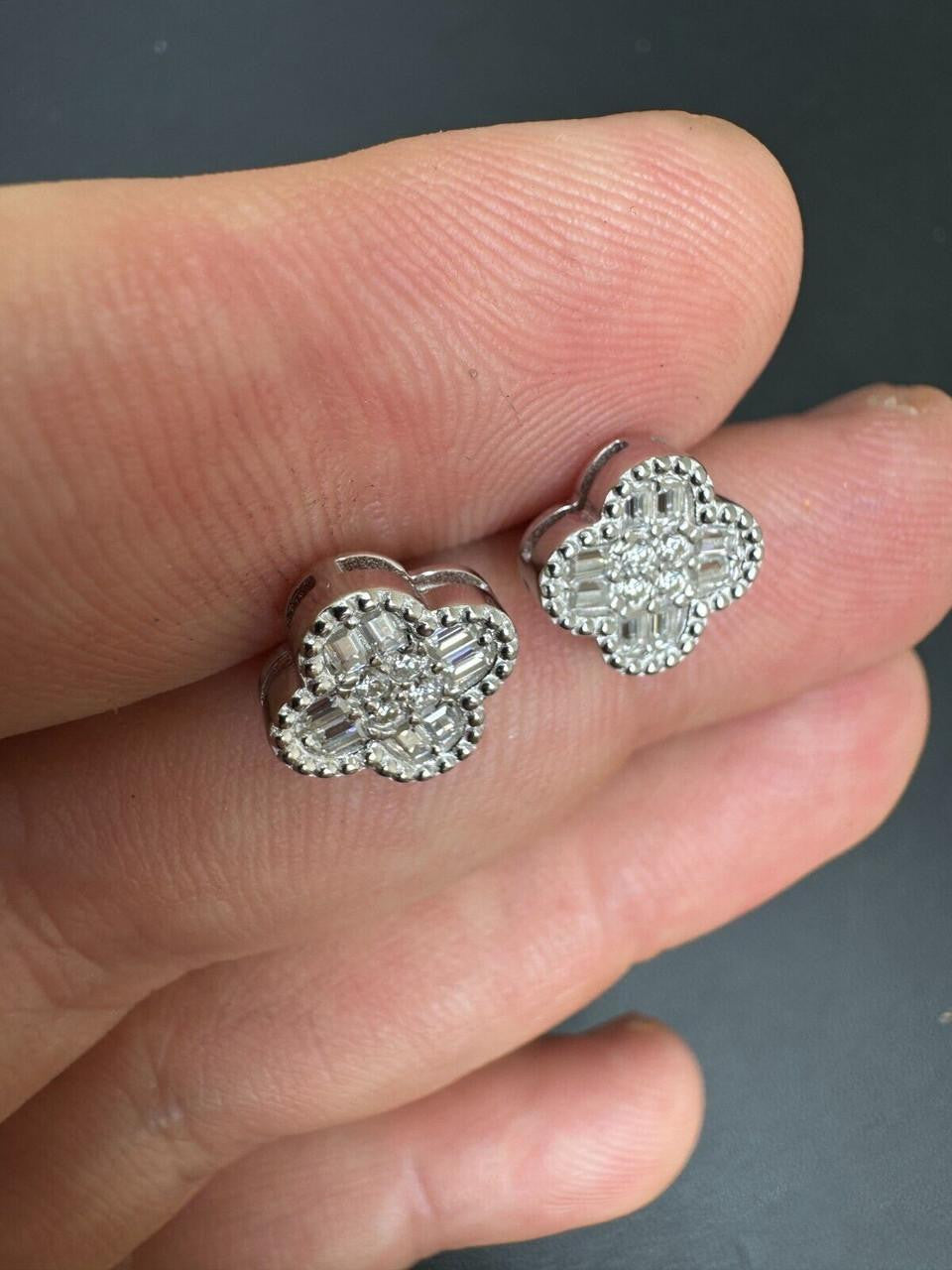 MOISSANITE Earrings Clover 10mm Real 925 Silver Iced Baguette Mens Ladies Studs