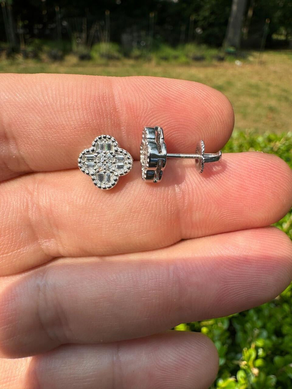 MOISSANITE Earrings Clover 10mm Real 925 Silver Iced Baguette Mens Ladies Studs