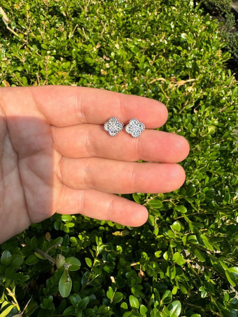 MOISSANITE Earrings Clover 10mm Real 925 Silver Iced Baguette Mens Ladies Studs