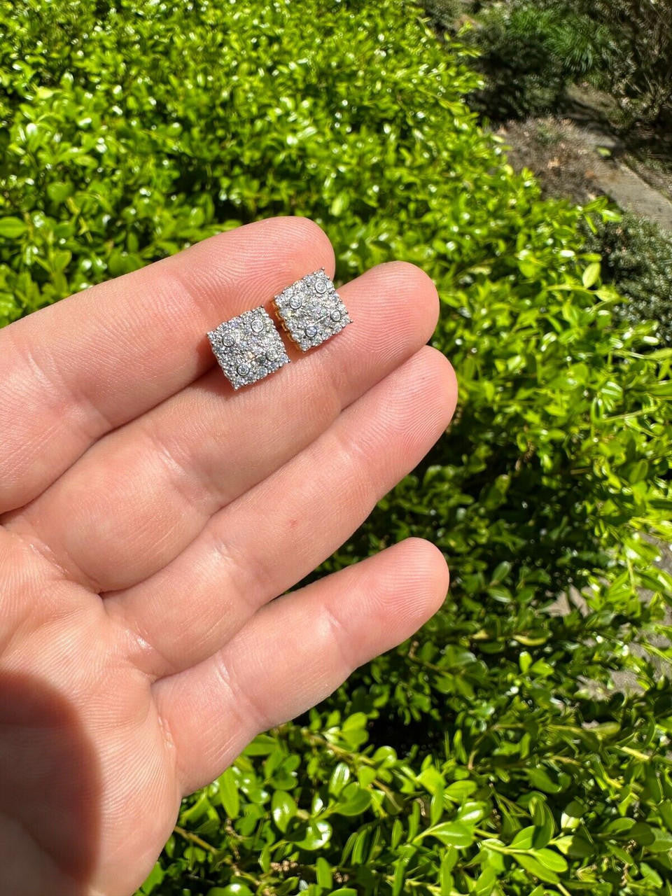MOISSANITE Four Corners Square Iced Out Earrings - 14k Gold Vermeil 925 Silver - 10mm