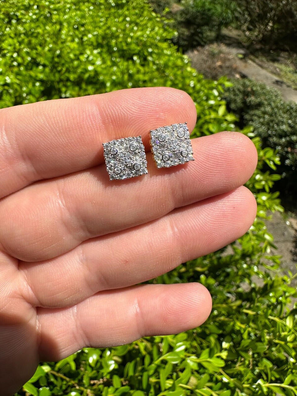 MOISSANITE Four Corners Square Iced Out Earrings - 14k Gold Vermeil 925 Silver - 10mm