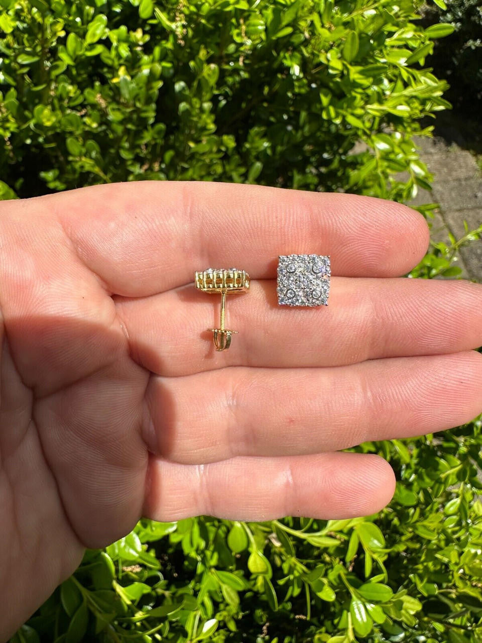 MOISSANITE Four Corners Square Iced Out Earrings - 14k Gold Vermeil 925 Silver - 10mm