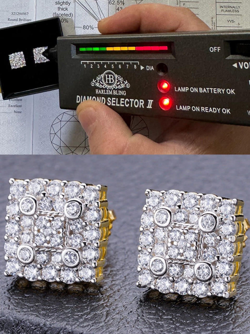 MOISSANITE Four Corners Square Iced Out Earrings - 14k Gold Vermeil 925 Silver - 10mm