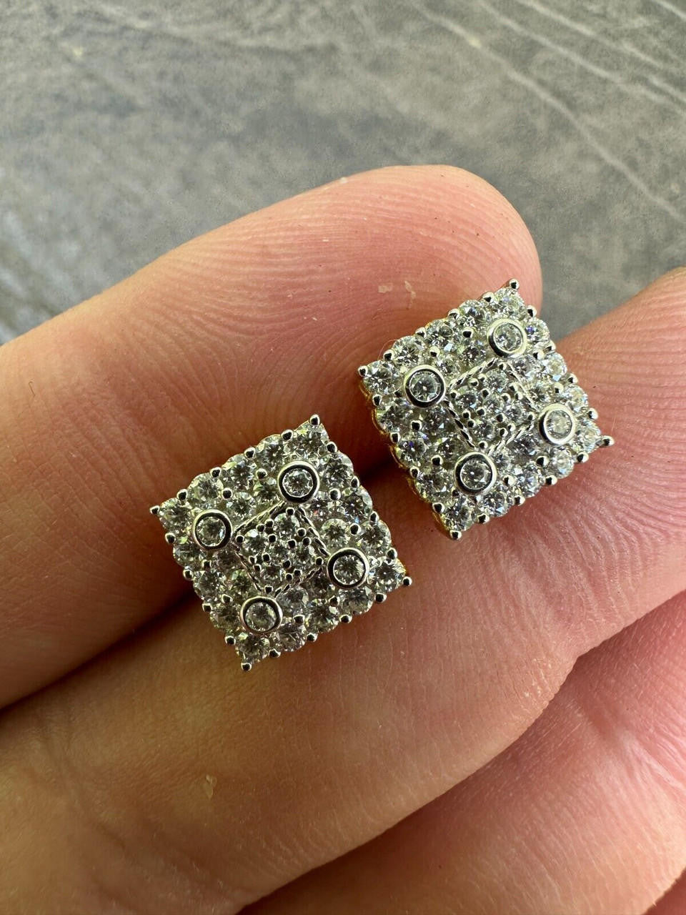 MOISSANITE Four Corners Square Iced Out Earrings - 14k Gold Vermeil 925 Silver - 10mm