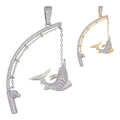 MOISSANITE Fishing  Rod & Fish Pendant - 14k Gold Vermeil Or 925 Silver - Medium 2"