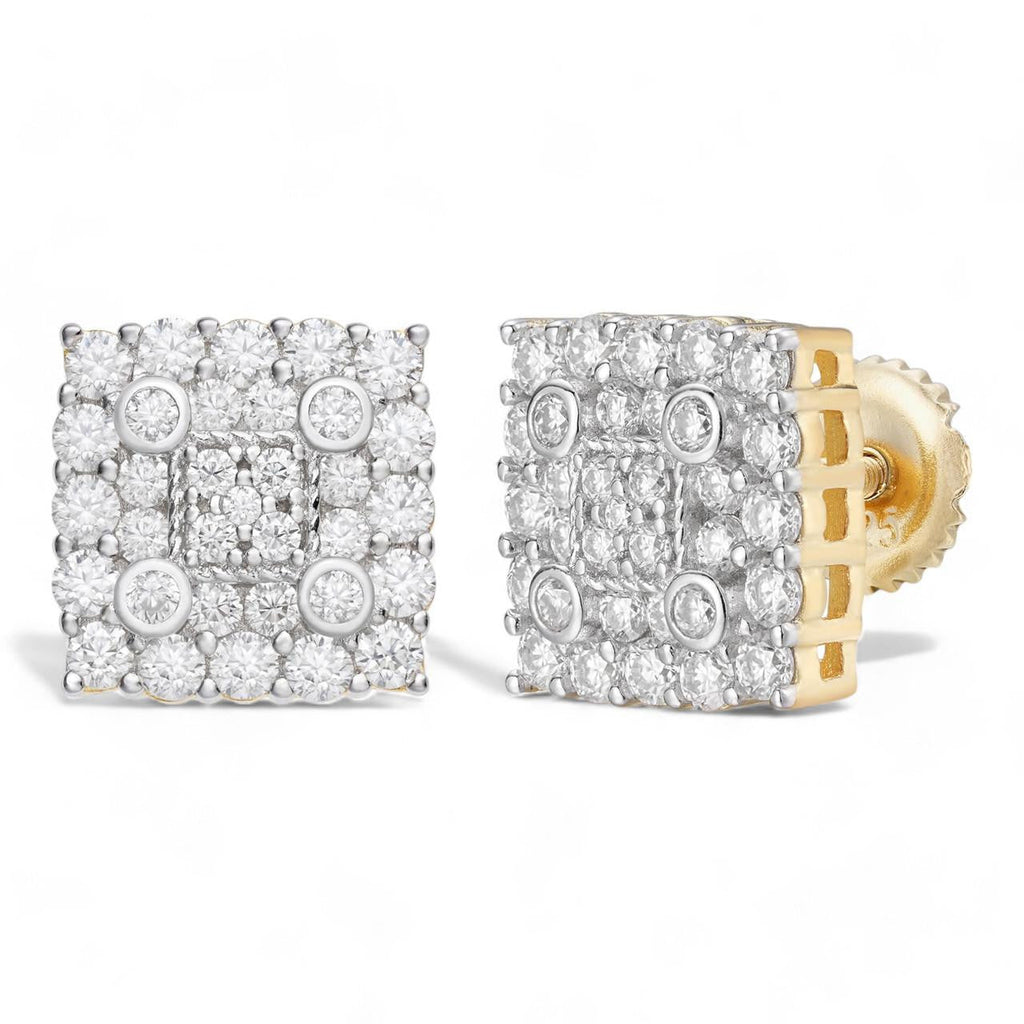 MOISSANITE Four Corners Square Iced Out Earrings - 14k Gold Vermeil 925 Silver - 10mm