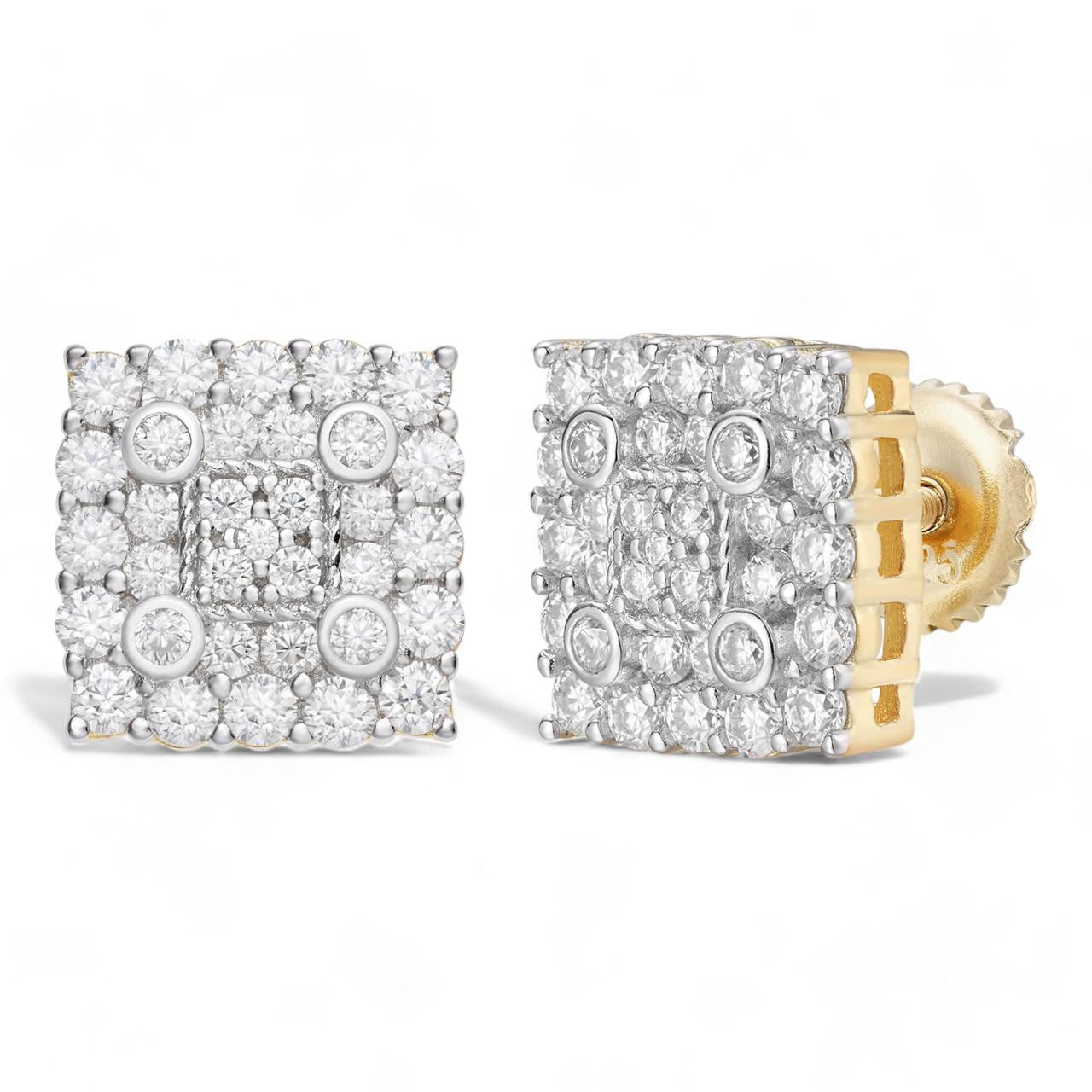 MOISSANITE Four Corners Square Iced Out Earrings - 14k Gold Vermeil 925 Silver - 10mm