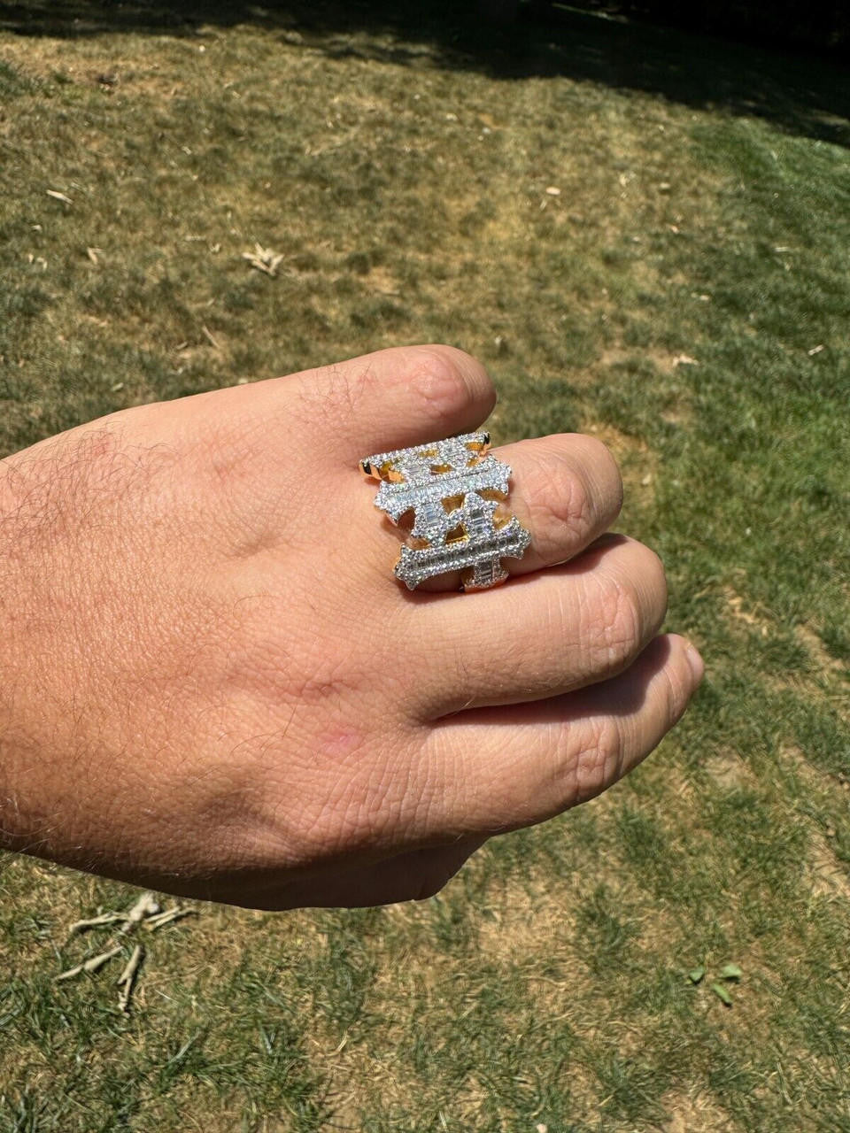 MOISSANITE Gothic Three Crosses Baguette Iced Out Ring - 14k Gold Vermeil 925 Silver