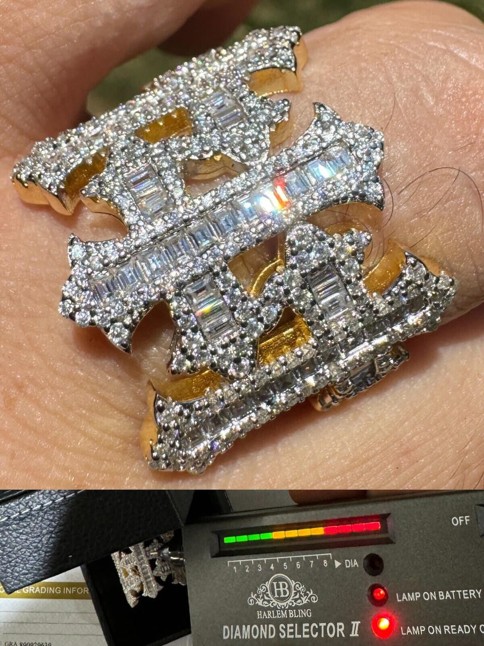 MOISSANITE Gothic Three Crosses Baguette Iced Out Ring - 14k Gold Vermeil 925 Silver