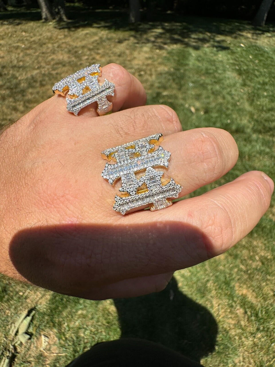 MOISSANITE Gothic Three Crosses Baguette Iced Out Ring - 14k Gold Vermeil 925 Silver