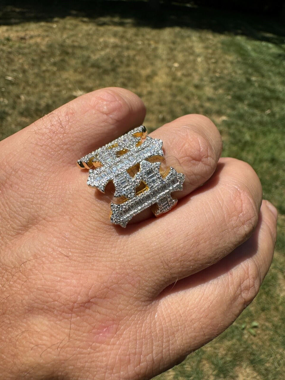 MOISSANITE Gothic Three Crosses Baguette Iced Out Ring - 14k Gold Vermeil 925 Silver