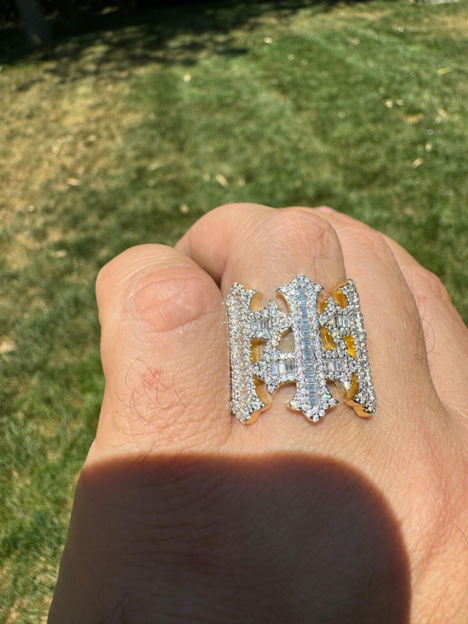 MOISSANITE Gothic Three Crosses Baguette Iced Out Ring - 14k Gold Vermeil 925 Silver