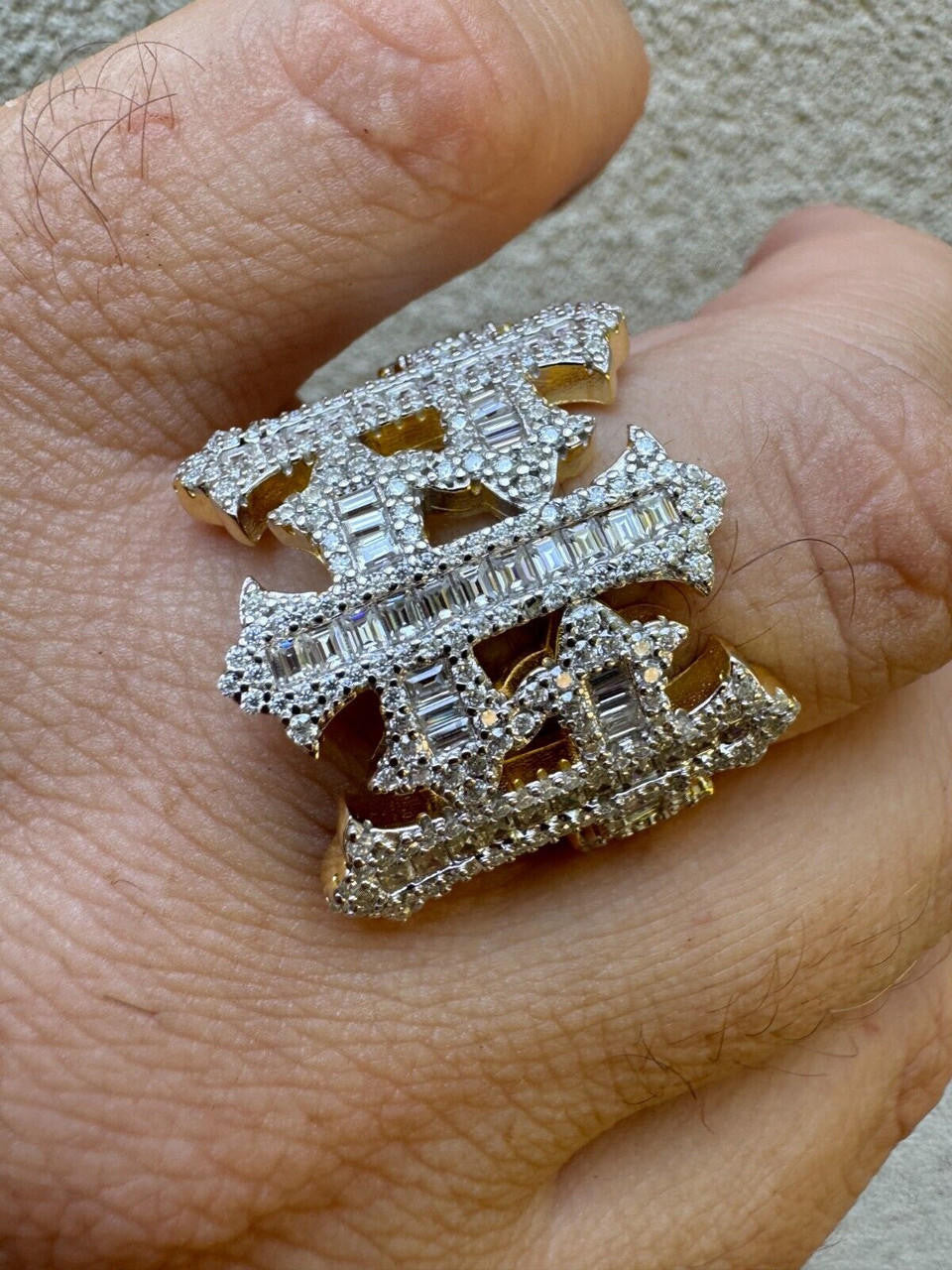 MOISSANITE Gothic Three Crosses Baguette Iced Out Ring - 14k Gold Vermeil 925 Silver