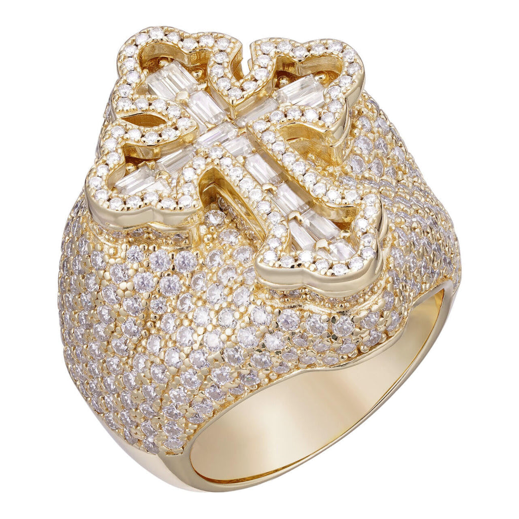 MOISSANITE Gothic Tupac Cross Baguette Iced Out Ring - 14k Gold Vermeil 925 Silver