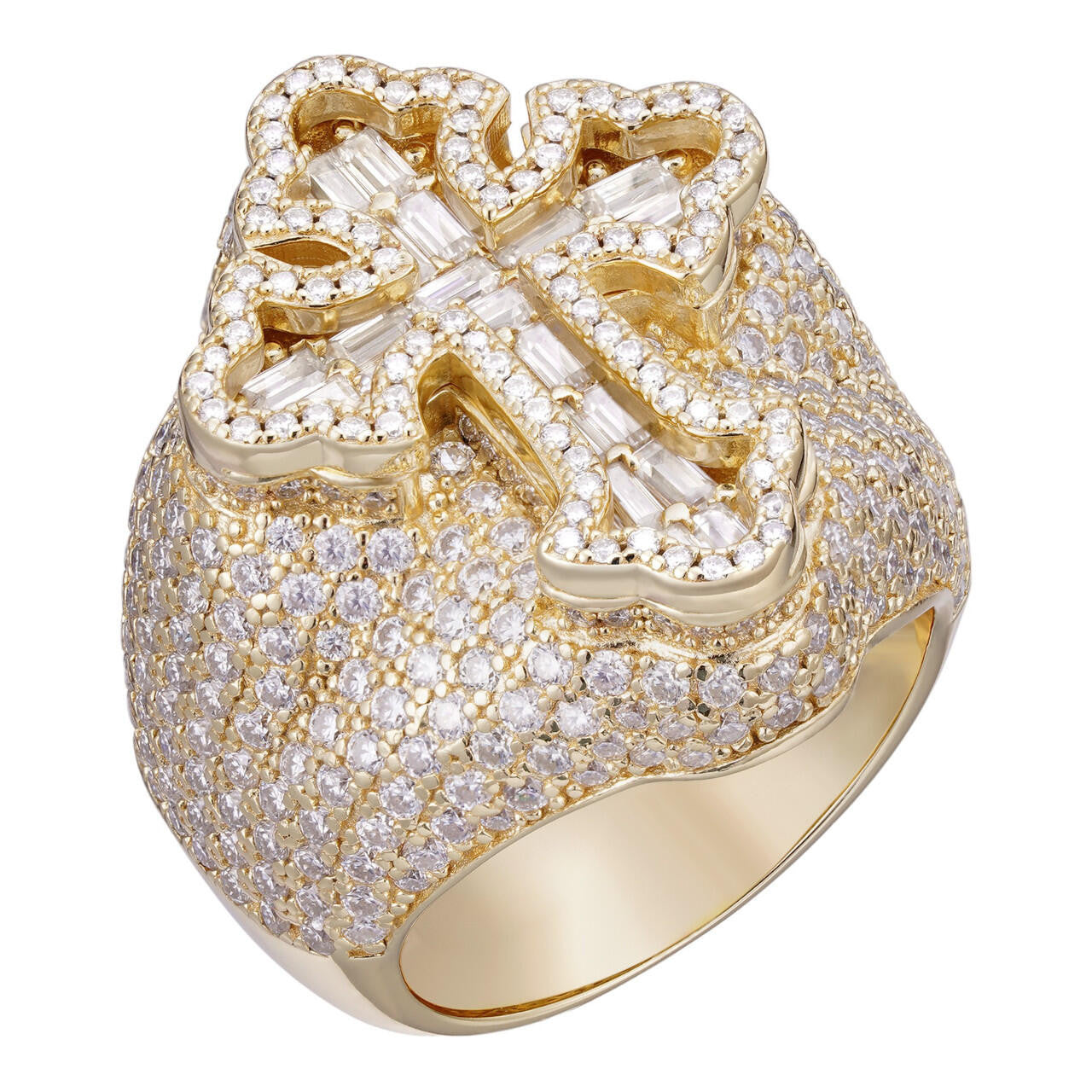 MOISSANITE Gothic Tupac Cross Baguette Iced Out Ring - 14k Gold Vermeil 925 Silver