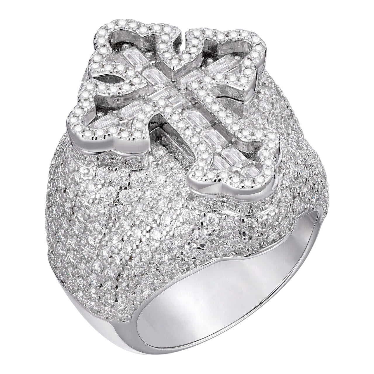 MOISSANITE Gothic Tupac Cross Baguette Iced Out Ring - 925 Silver