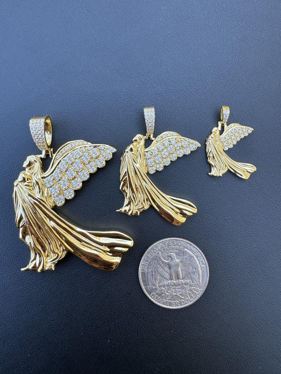 MOISSANITE Guardian Angel Wing Pendant - 14k Gold Vermeil 925 Silver  - 3 Sizes 1"-2.25"
