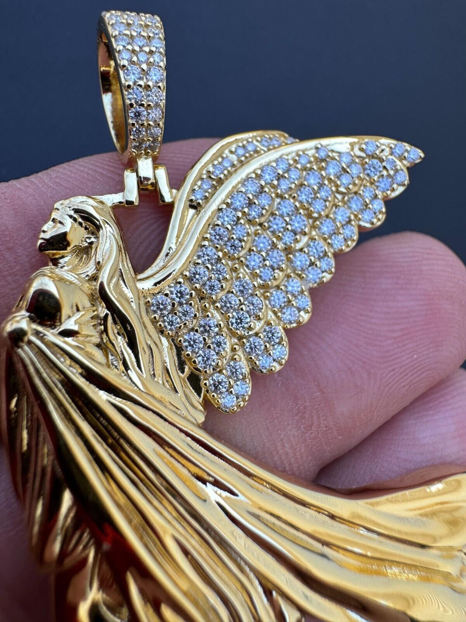 MOISSANITE Guardian Angel Wing Pendant - 14k Gold Vermeil 925 Silver  - 3 Sizes 1"-2.25"