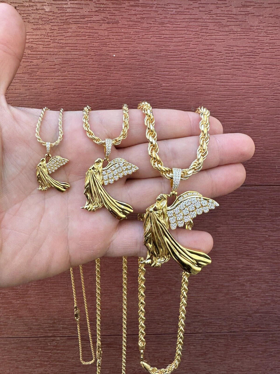 MOISSANITE Guardian Angel Wing Pendant - 14k Gold Vermeil 925 Silver  - 3 Sizes 1"-2.25"