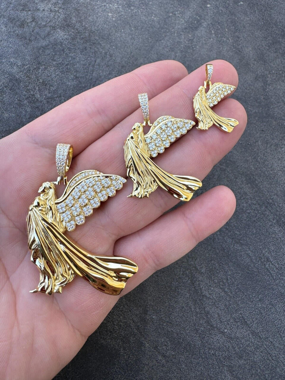 MOISSANITE Guardian Angel Wing Pendant - 14k Gold Vermeil 925 Silver  - 3 Sizes 1"-2.25"