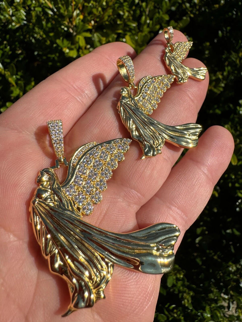 MOISSANITE Guardian Angel Wing Pendant - 14k Gold Vermeil 925 Silver  - 3 Sizes 1"-2.25"